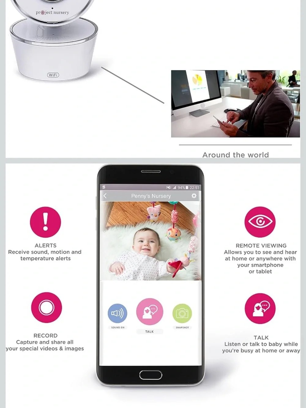 Project Nursery White Wi‑Fi Baby Monitor Camera with Alexa Compatibility